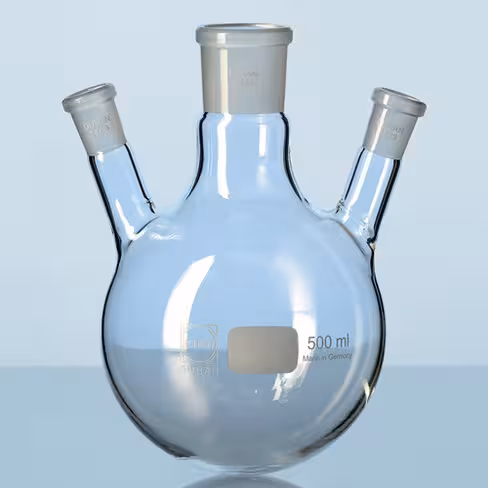 Ballon tricol fond rond en verre DURAN capacité 100 ml rodage central 19/26 2 rodages inclinés 19/26