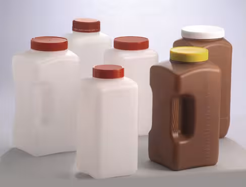 Flacon carré 2 l PEHD naturel gradué hauteur 230 mm Ø 73 mm avec bouchon jointé rouge x 50