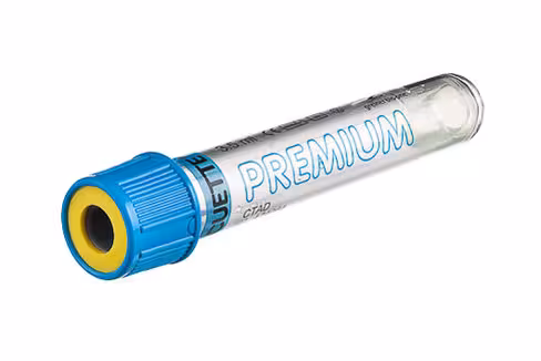 Tube VACUETTE ctad 3,5 ml citrate sod dble paroi 13x75 mm bouchon vissant bleu bague Jaune étiq transp x 24 racks 50