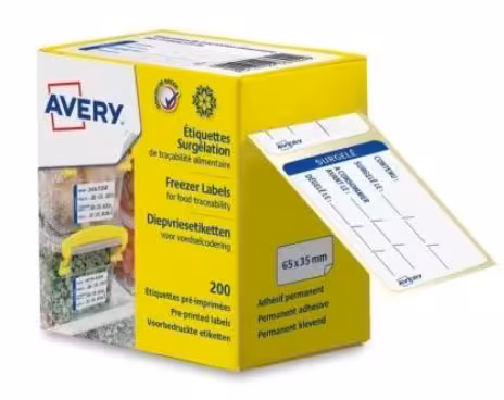 Étiquette pour congélation/surgélation pré-imprimée - 65 x 35 mm - blanc/lignes bleues - lot de 200