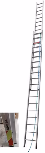 Echelle - h. 4,60/8,20 m - 2 plans - corde sur le côté - alu - identification SDIS et signalisation de bas d'échelle