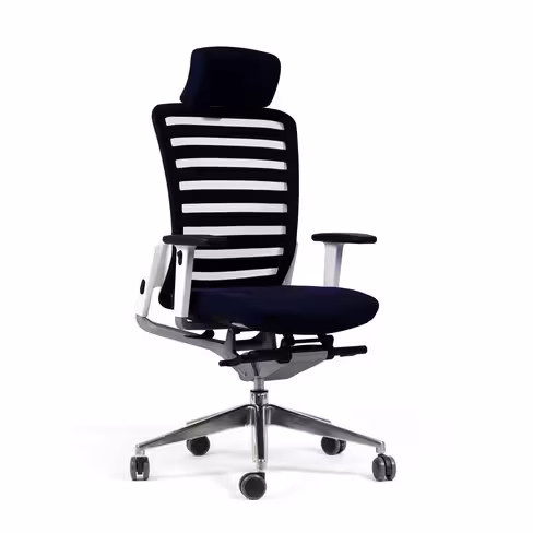 Fauteuil de bureau E8 - assise tissu et dossier résille Stripes - piét. alu. poli - avec appui-tête - avec presta.