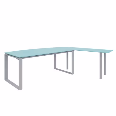 Bureau courbe Léandre Manager - l. 180 x pr. 90-101 cm - plateau verre - pieds cadre - retour verre sur pieds