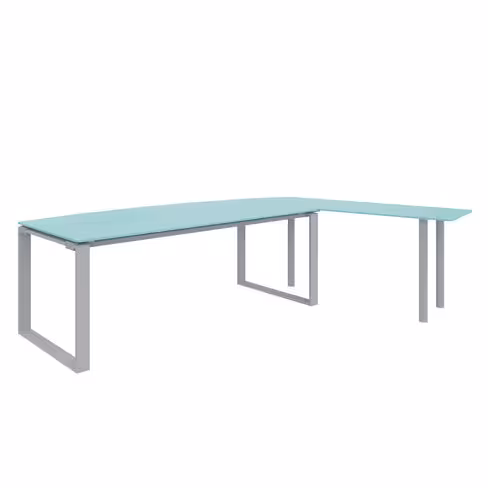 Bureau courbe Léandre Manager - l. 200 x pr. 90-101 cm - plateau verre - pieds cadre - retour verre sur pieds