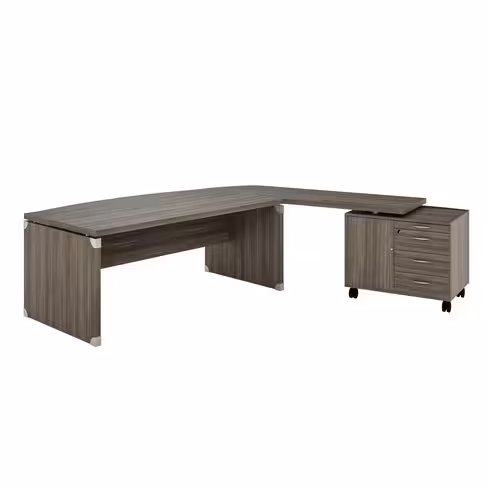 Bureau courbe Léandre Manager - l. 200 x pr. 90-101 cm - plateau mélaminé - pieds panneaux retour mélaminé sur meuble